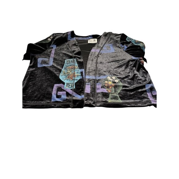Vintage Copa Cabana Black Velvet Open Cardigan With Abstract Vase Print - Picture 6 of 9